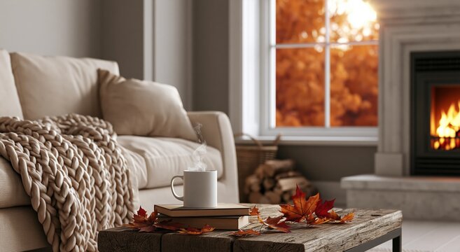 Cozy living room interior with a warm fireplace and autumn leaves for home comfort