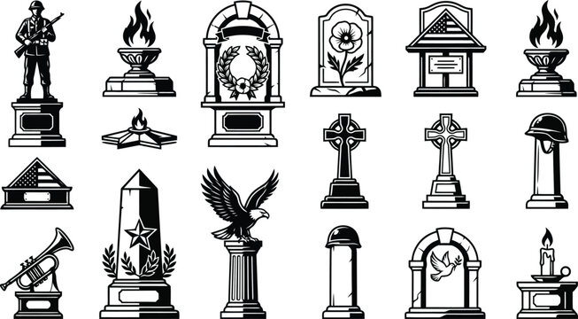 Military memorial and cemetery monument featuring gravestones, soldier statues, eternal flames, american flags, and eagles in silhouette
