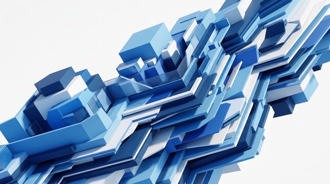 Abstract blue geometric 3d shapes with layered structures and modern architectural patterns for futuristic technology background design and creative digital art composition concepts