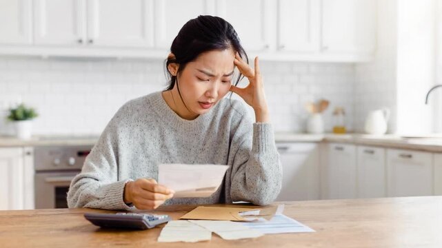 Worried woman calculating bills at home feeling stressed about finances and expenses in modern kitchen