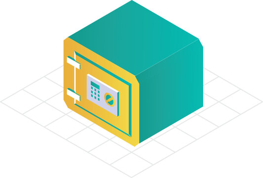 Safe locker isometric 3D icon. Secure golden vault box, digital keypad lock dial mechanism. Isometry grid platform, banking security, protection savings, financial safety banking cybersecurity fintech