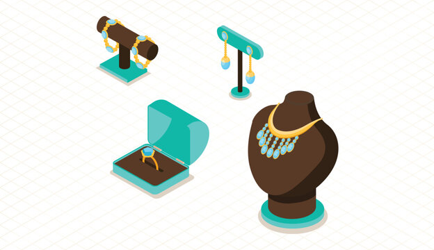 Gold jewelry display isometric 3D icon. Bracelet stand, earrings engagement ring box. Necklace sparkling gemstones. Luxury wedding fashion premium accessories. Jewelry brand online boutiques ecommerce