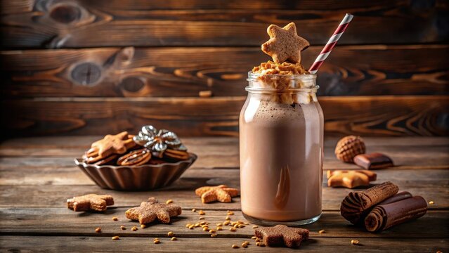 A frothy chocolate milkshake sloshed in a glass bottle surrounded by crumbly gingerbread cookies on a worn wooden table