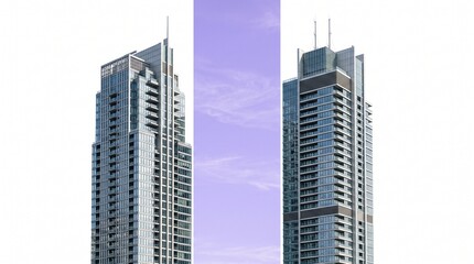 Fototapeta premium Two tall modern skyscrapers with glass facade and steel structure standing side by side representing urban architecture and corporate business development in a city financial district