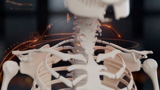 Human upper spine and rib cage anatomy with glowing neural pathways medical illustration