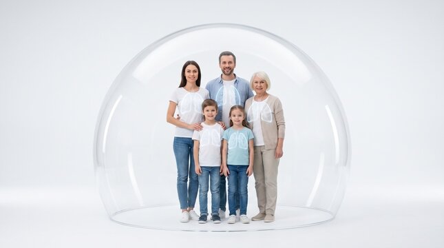 Happy multi-generational family standing safe inside a protective transparent glass bubble