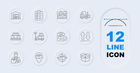 Fototapeta premium Logistics set icon. Warehouse, forklift, cargo, pallet, package, delivery, inventory, shipment, courier, storage, distribution, loading, tracking, supply chain, industrial transportation.