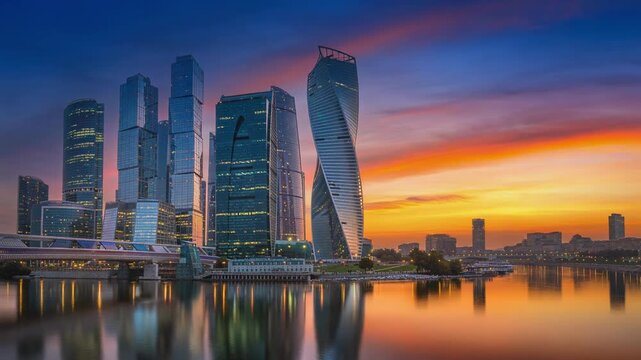 Modern city skyline with skyscrapers and river at colorful sunset urban landscape