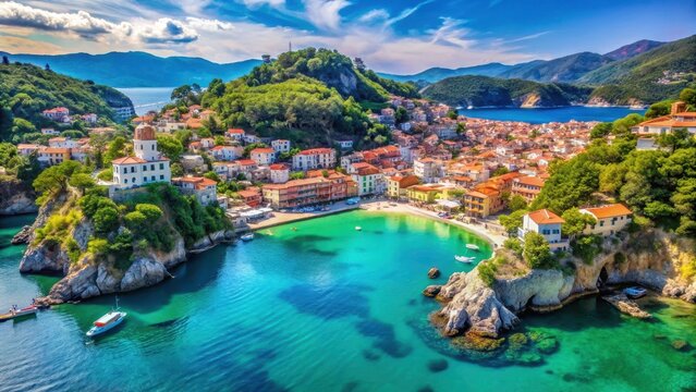 Aerial drone view of vibrant turquoise waters and pastelhued towns of parga greece amidst lush greenery and sunny skies