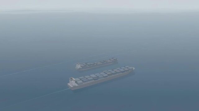 Cargo container ships sailing through calm ocean waters under a hazy sky