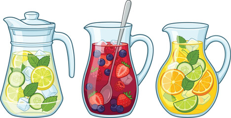Glass pitcher with lemon, mint, and cucumber, berry lemonade with spoon, and fruit citrus punch © VectoStudio