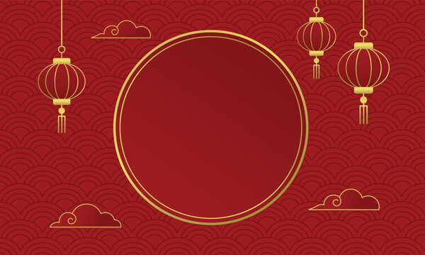 Chinese New Year background with golden round frame. Hanging paper lanterns, clouds and wave pattern on red background.