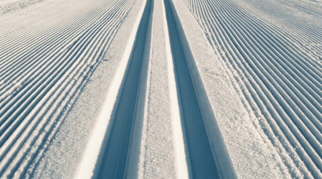 Snow tracks carve parallel grooves across a bright snowy surface.