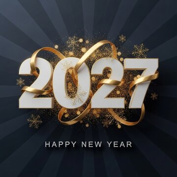 Elegant Happy New Year 2027 Celebration Background with White 3D Numbers and Golden Ribbons