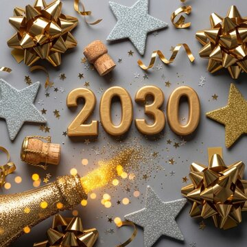 Festive Golden New Year 2030 Celebration Background with Champagne, Glittering Stars and Gold Bows