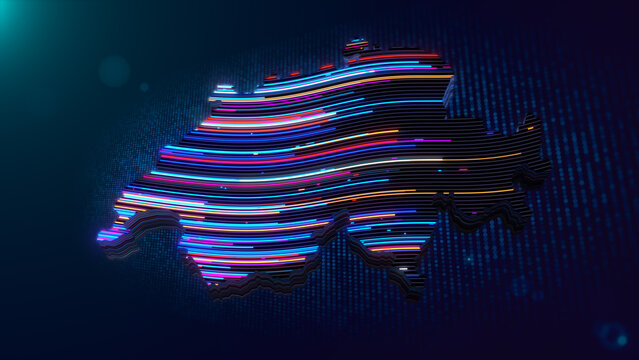 Abstract 3D extruded map of Switzerland made with glowing colorful neon light lines, displayed over a futuristic dark blue digital grid background with lens flares.
