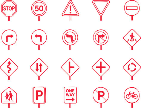 Road Traffic Sign Icon Set, Warning and Directional Line Icons Collection