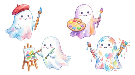 Fototapeta premium Cute watercolor artist ghost set wearing beret hat with paintbrushes, easel, and palette