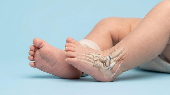 Baby foot skeletal structure is digitally superimposed over the heel and ankle area to illustrate early childhood bone development against a light blue studio backdrop with ample copy space for text.