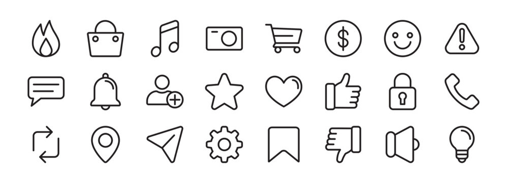 Modern social media icons set, user interface with outlines. Perfect for mobile apps, websites, UI/UX design, dashboards, presentations, symbol, logos, branding, digital marketing, and web development