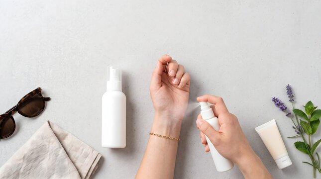Top view of hands applying insect repellent spray to wrist with travel essentials and fresh herbs