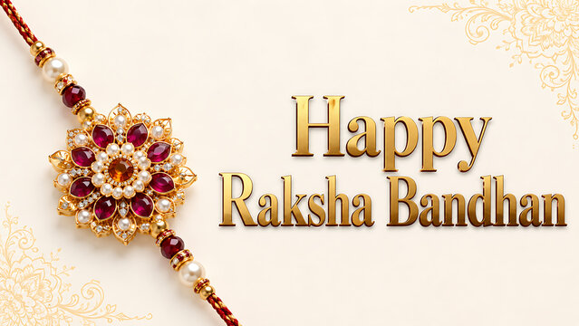 Luxurious ruby pearl rakhi on cream background with golden floral corners celebrating happy raksha bandhan and hindu religious festival in elegant traditional style