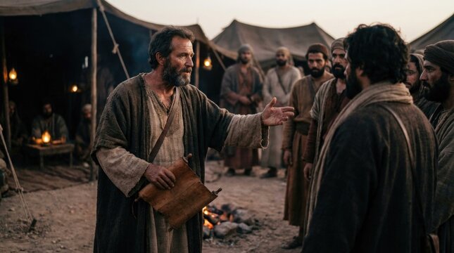 Prophetic wisdom share: Gideon impart, biblical figure, Old Testament, Israel Judge, divine message, ancient gathering, disciple listen, spiritual leader, sacred scroll.
