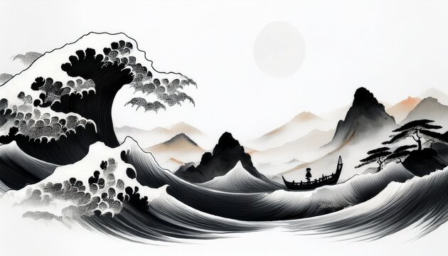 Ink Wash Painting Of The Sea Wave On White Background Traditional Oriental Ink Painting Sumi E U Sin Go Hua Simple Minimalist Style Translation Of Hieroglyph Zen