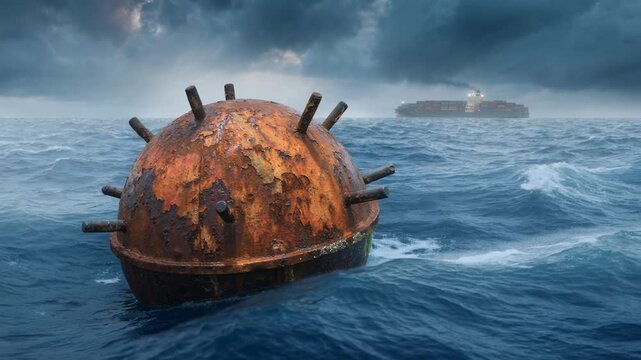 Rusty sea mine floating in rough ocean waves with container ship in stormy weather