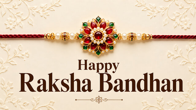 Happy raksha bandhan greeting with red floral rakhi pearls green gemstones and embossed cream border for hindu religious festival celebration and elegant banner