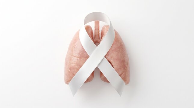 Realistic Human Lungs Wrapped in a White Awareness Ribbon Symbolizing Lung Cancer Awareness and Respiratory Health Advocacy