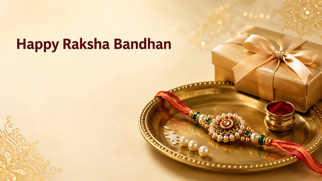 Happy raksha bandhan greeting with jeweled rakhi gift box puja thali and kumkum on golden background for hindu religious festival celebration banner design
