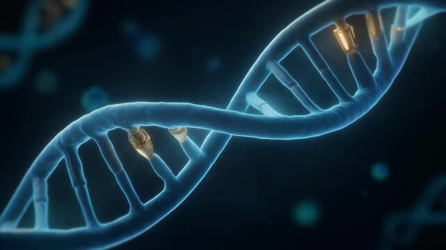 Close up digital illustration of DNA molecule with highlighted golden genes representing genetic mutation and molecular biology