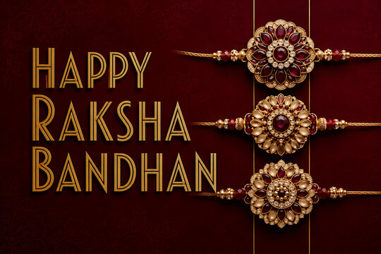 Happy raksha bandhan greeting with three ornate jeweled rakhis on rich maroon background for hindu religious festival celebration and elegant festive banner design