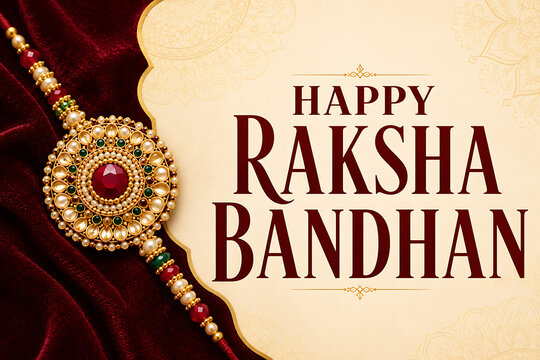 Happy raksha bandhan greeting with traditional pearl rakhi on red velvet and cream background for hindu religious festival celebration with elegant decorative border