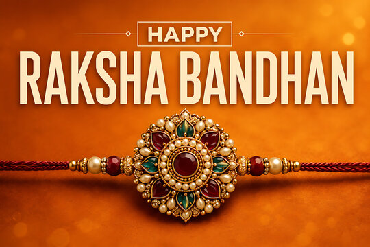 Happy raksha bandhan banner featuring luxurious jeweled rakhi with pearls ruby accents and orange glow for hindu religious festival celebration and greeting card
