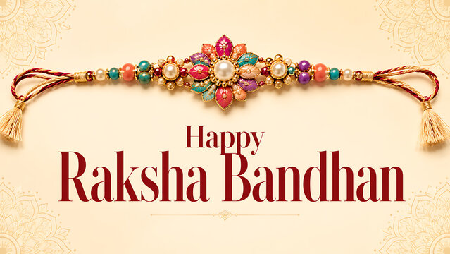 Happy raksha bandhan greeting with colorful floral rakhi pearls tassels and delicate mandala corners for hindu religious festival celebration on cream background design
