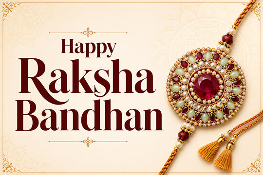 Happy raksha bandhan elegant greeting with large ruby pearl pendant rakhi golden tassels and mandala details for hindu religious festival celebration card design