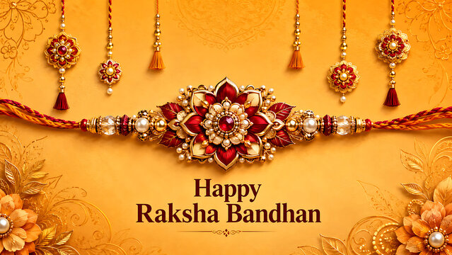 Happy raksha bandhan festive orange greeting with grand red floral rakhi hanging ornaments golden leaves and pearls for hindu religious festival celebration card
