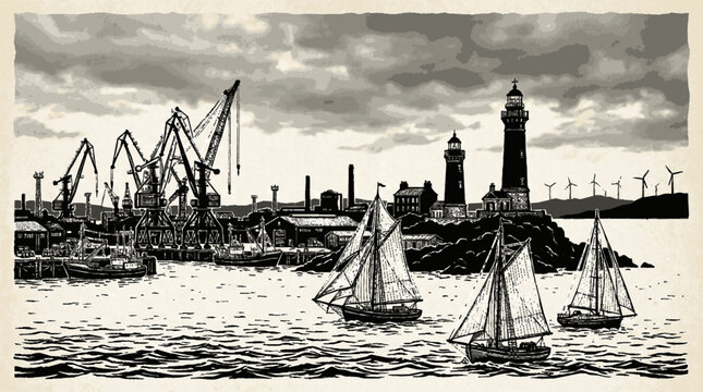 Vintage coastal harbor illustration featuring industrial cranes sailing vessels lighthouses wind turbines under cloudy sky with style illustration