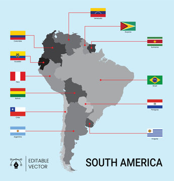 Map of South America with country flags and names labeled