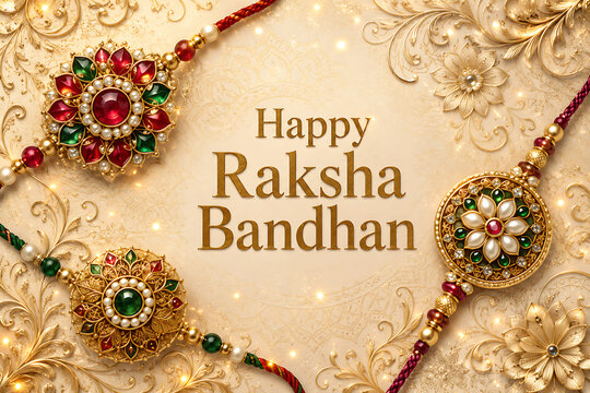 Happy raksha bandhan festive golden background with three ornate red green pearl rakhis and floral filigree for hindu religious festival celebration luxury card