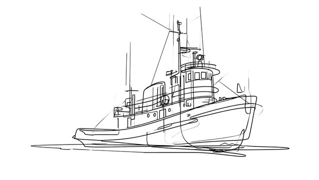 Line drawing of a fishing boat white background.