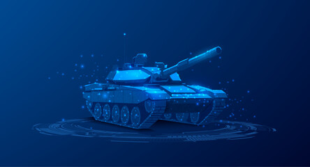 Plakat Futuristic battle tank rendered as a glowing polygonal wireframe with digital particles on a dark background, representing military technology, defense systems, simulation, and virtual warfare.