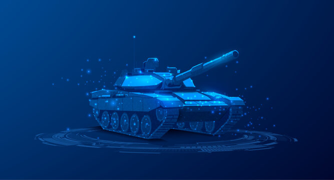 Futuristic battle tank rendered as a glowing polygonal wireframe with digital particles on a dark background, representing military technology, defense systems, simulation, and virtual warfare.