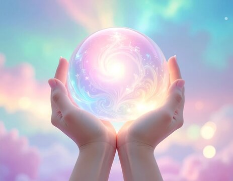 Glowing magical crystal ball held in human hands against dreamy pastel sky background with cosmic aura