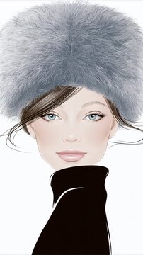 A beautiful girl drawn with lines in a winter fur hat