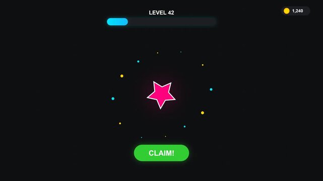 6 Second Animation of a Mobile Game Level 42 Reward Screen with a Pink Star and Claim Button