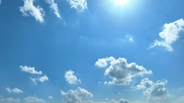 A bright blue sky with sunlight and soft clouds, symbolizing solar power potential, unlimited clean energy, net zero aspirations, and a hopeful sustainable future with clean environmental backgrounds.