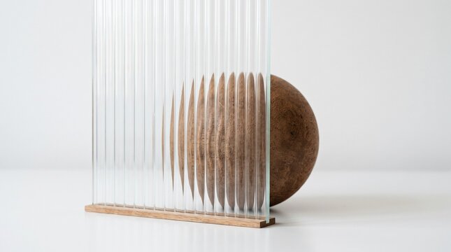Abstract composition with a brown wooden sphere seen through vertical fluted glass panels creating a distorted geometric visual effect in a modern minimalist studio setting